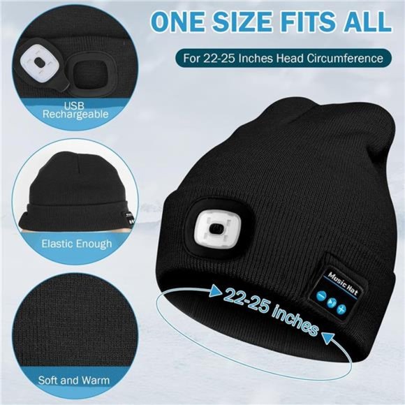 Bluetooth Beanie Hats with Light,Unisex Rechargable LED Beanie with Headphone - Picture 2 of 6